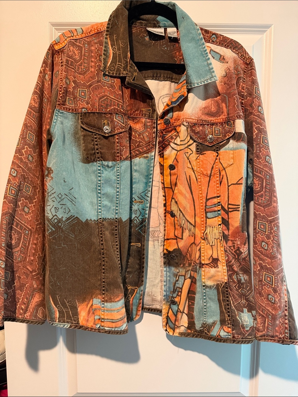 Chico's Multi-Color Patchwork Denim Jacket - Turquoise, Rust, Brown